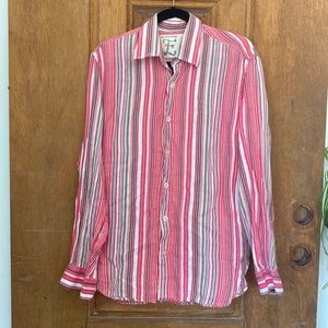 Europann striped linen button down shirt pink white brown LARGE